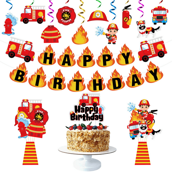 42 Piece Fire Truck Party Decoration for Two-Year-Old Birthday Party,Balloon Cake Topper Party Banner for Fire Truck Theme Party