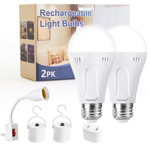 Rechargeable Light Bulbs,2 Pack Emergenecy Light Bulbs for Power Outage A19 1200mAh E26 base Battery Backup Soft Lighting Bulb for Lamps Home Hurricane