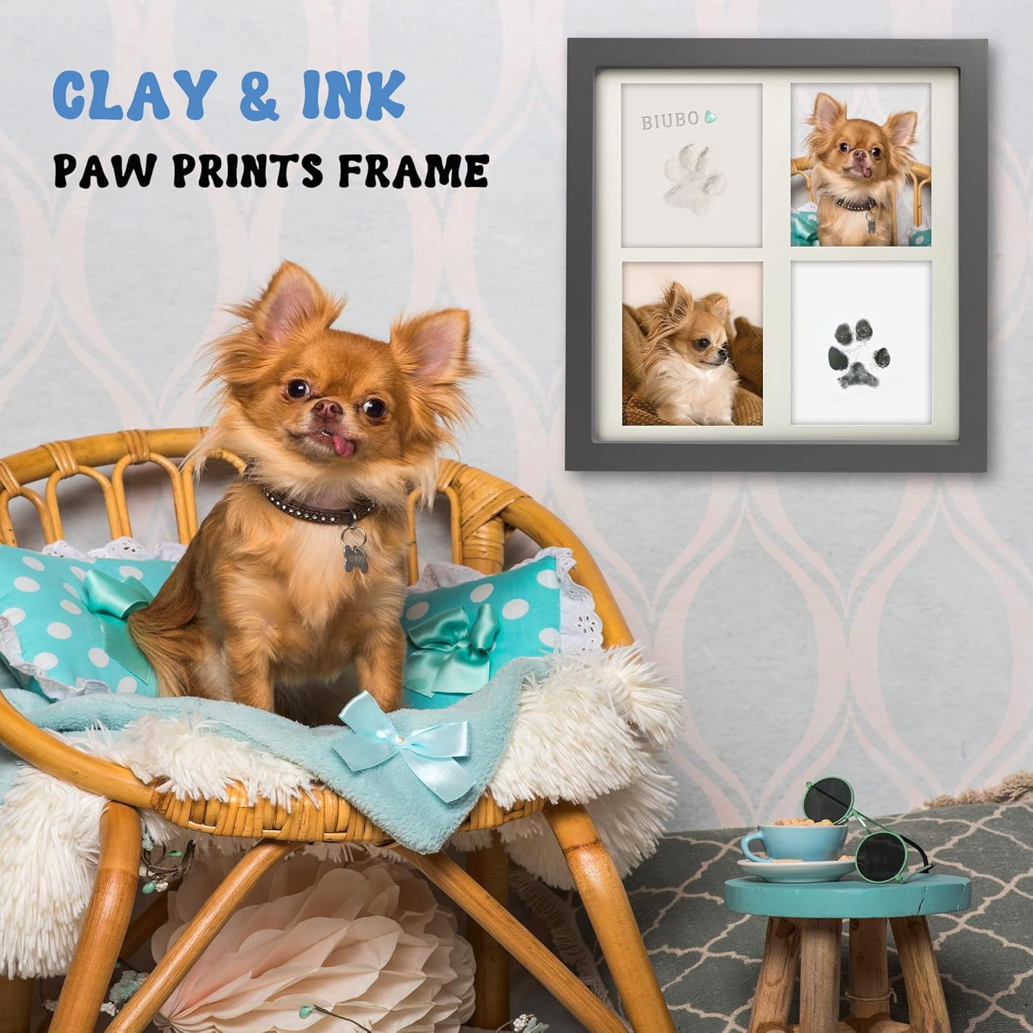 Ink & Clay Paw Print Kit for Dog Cat,Clean-Touch Ink Pad & Soft Clay,Pet Paw Print Impression Kit Large Area,Keepsake Frame for 1-2 Pets,Cat/Dog Gifts