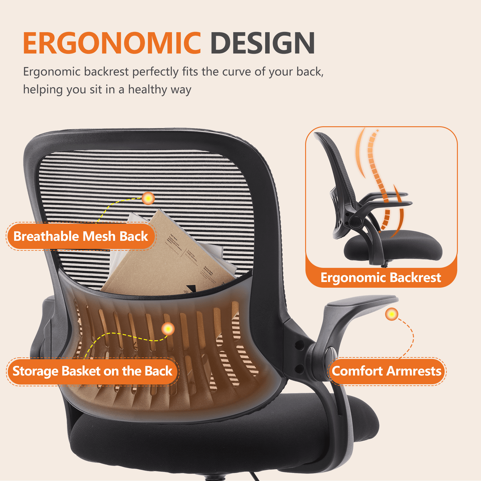MAYEERTY Ergonomic Office Chair for Standing Desk with Adjustable Height, Computer Desk Chairs, Movable Armrest, Black