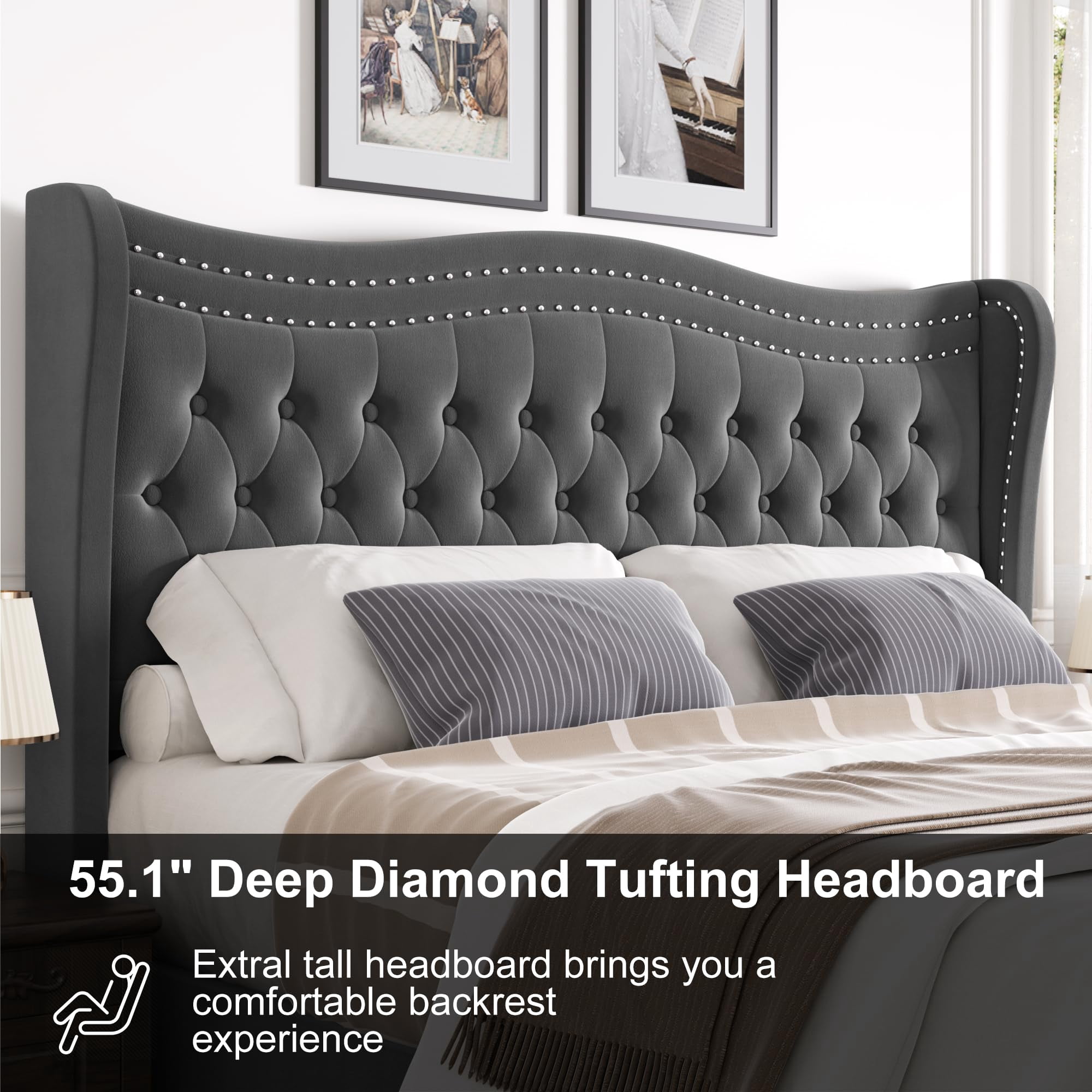 Miniyam Full Size Wingback Bed with 52" Velvet Upholstered Headboard, Nailhead Trim, Sturdy Wood Slats for Adults, Gray