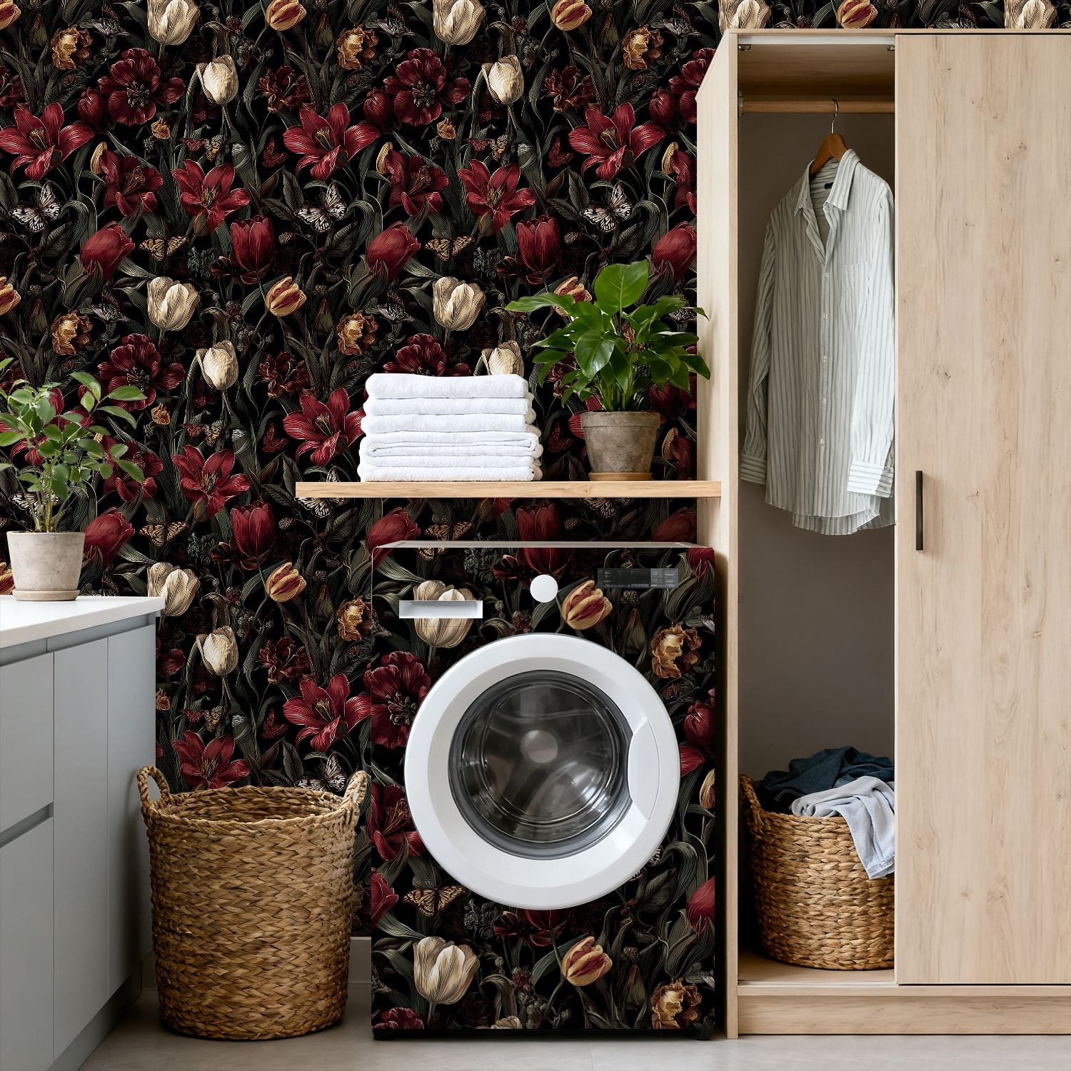 Peel and Stick Wallpaper Vintage Floral Tulips Lilies Butterflies Dark Wall Mural 17.7in x 9.8ft Self Adhesive Removable Wall Paper Renter Friendly Wallpaper for Nursery Bedroom Cabinets