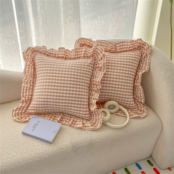 2 Pack 18 x18 inches Brownish-yellow Checkered Throw Gingham pillow covers 100% Washed Cotton Vintage Ruffle Trim Decorative Gingham Pillowcases with Zipper Closure for Bed/Living Room
