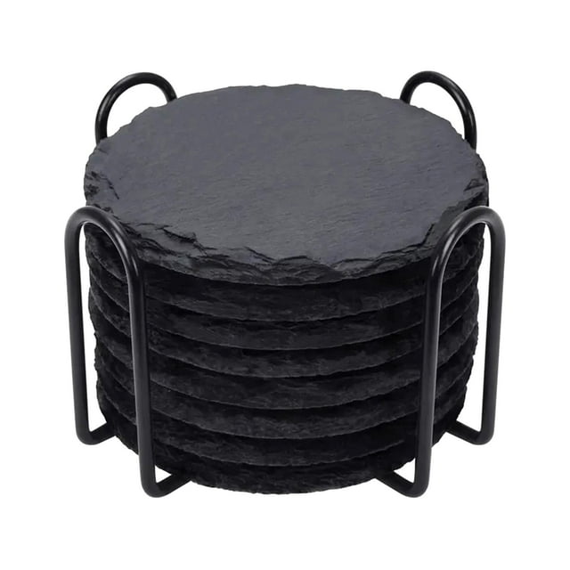 Juego de 8 posavasos de pizarra mayimx con soporte rústico redondo
