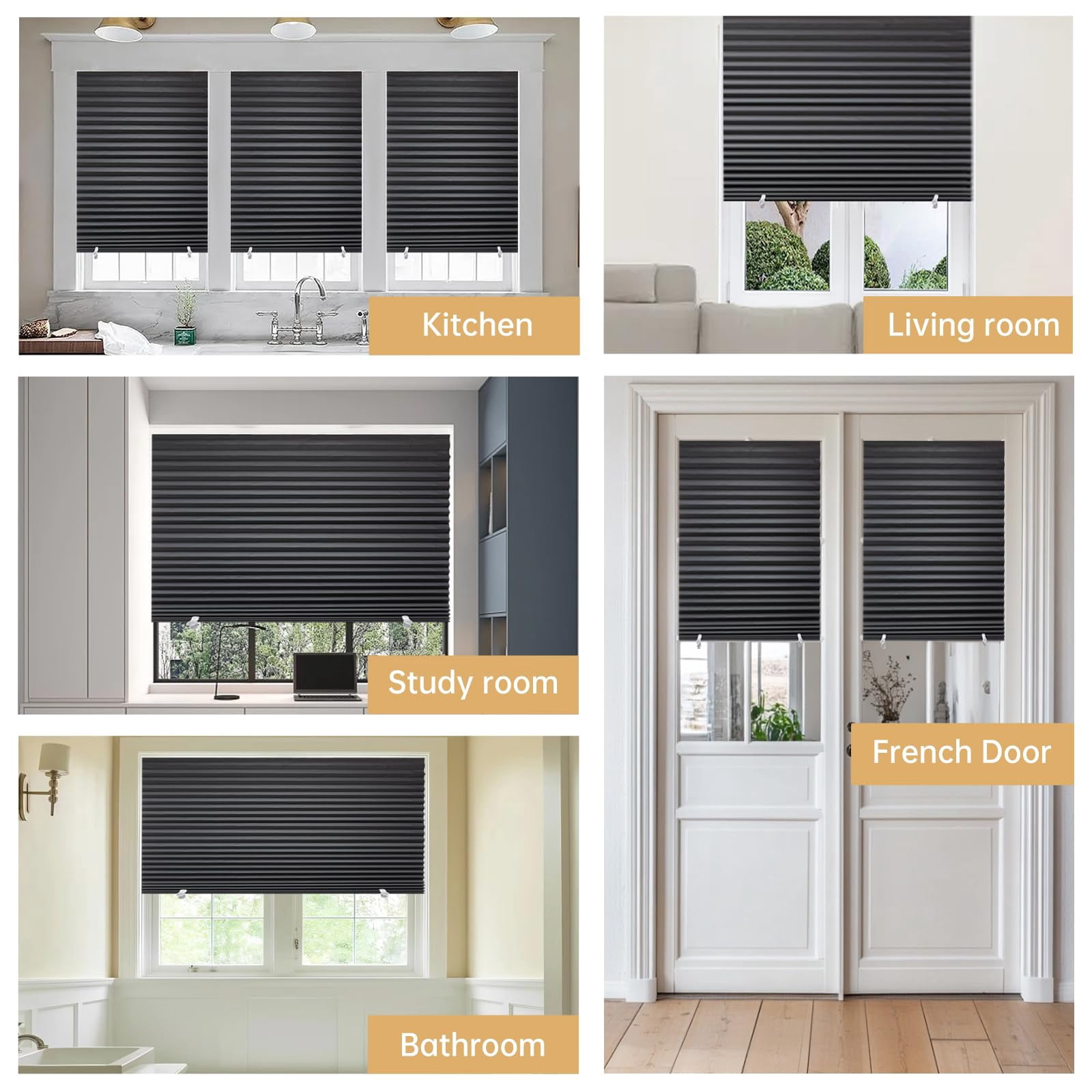 6-pack Temporary Blackout Paper Blinds For Window  Cut To Size Adhesive Shades Stick On Pleated No Drill Easy Install 24" W X 72" H Black