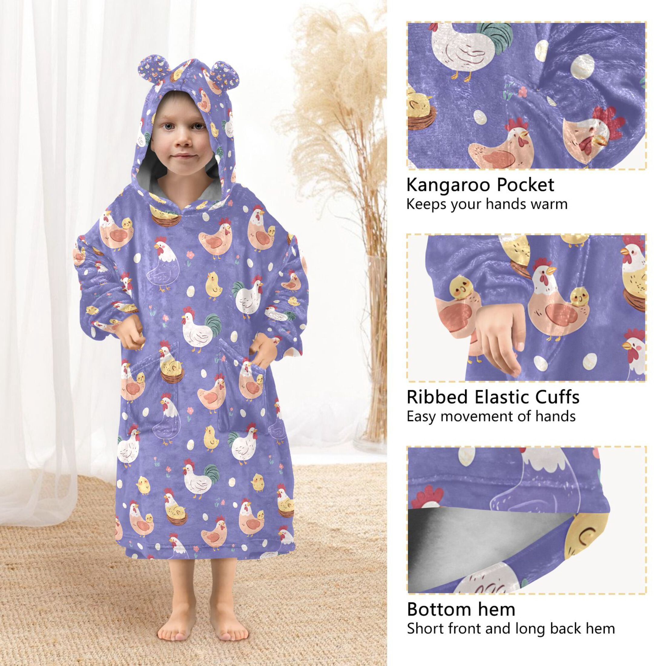 joogoo Blanket Hoodie for Cartoon Chickens Purple Oversize Sweatshirt 3-14 YR L