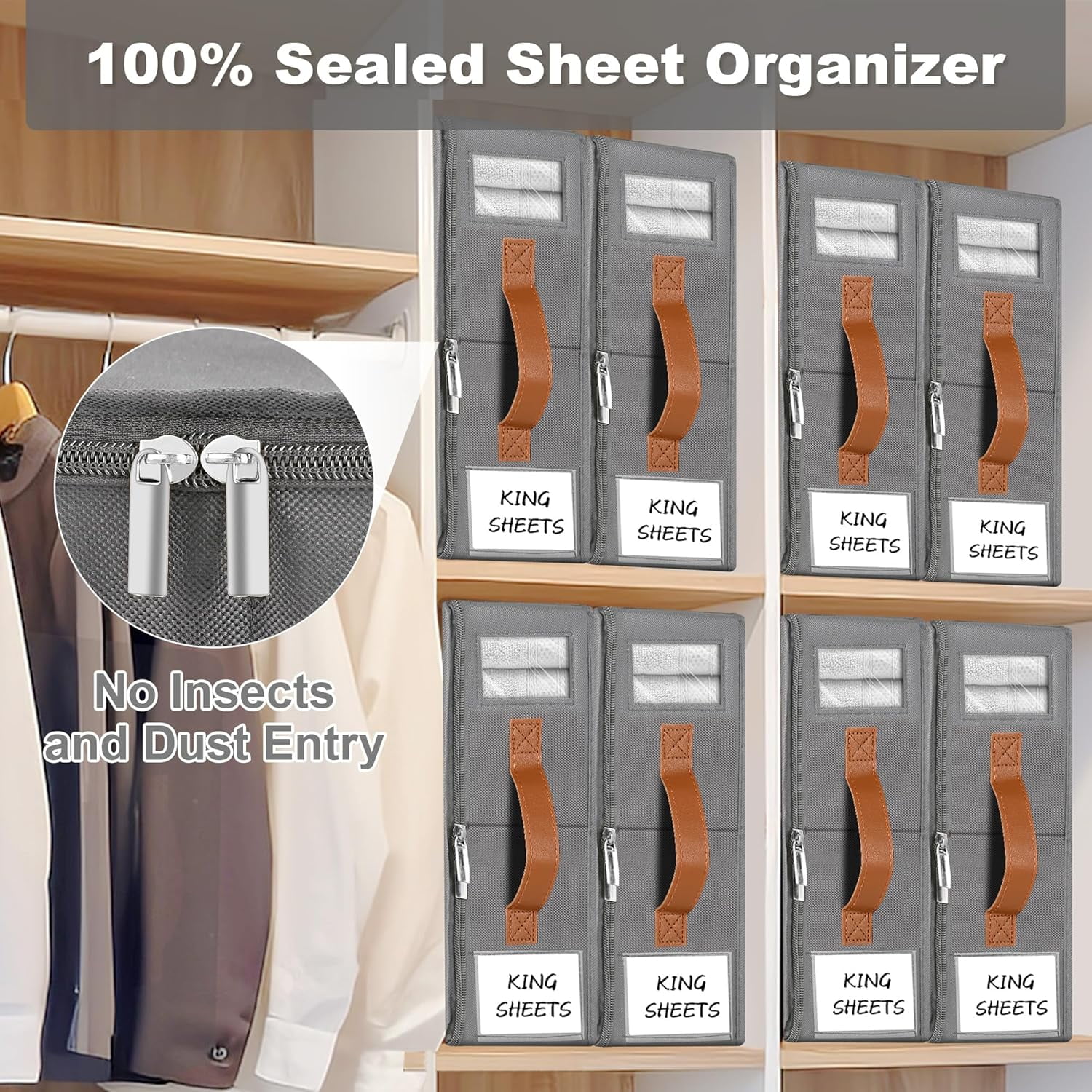 VOZOGO 8 Pack Bed Sheet Organizers and Storage,Sturdy Foldable Closet Storage Containers with Window and Label,Bedding Holder for Sheet Set (King/Queen Sizes),Duvet Covers,Blankets,Grey
