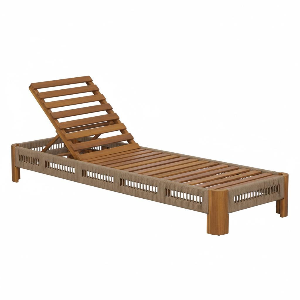 Adjustable Backrest Chaise Lounge, Acacia Wood Outdoor Recliner with Handwoven Rope Accents for Poolside, Natural Wood Finish