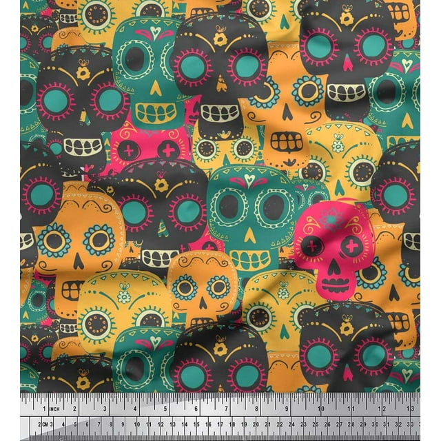 Soimoi Rayon Crepe Fabric Artistic Skull Print Sewing Fabric Yard 46 Inch Wide