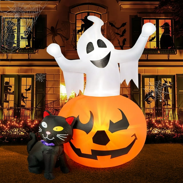 Inflables de Halloween de 5 pies al aire libre con calabaza espeluznante y gato negro de bruja, decoración inflable, decoración de patio de Halloween con luces LED integradas, decoraciones de Hallowee