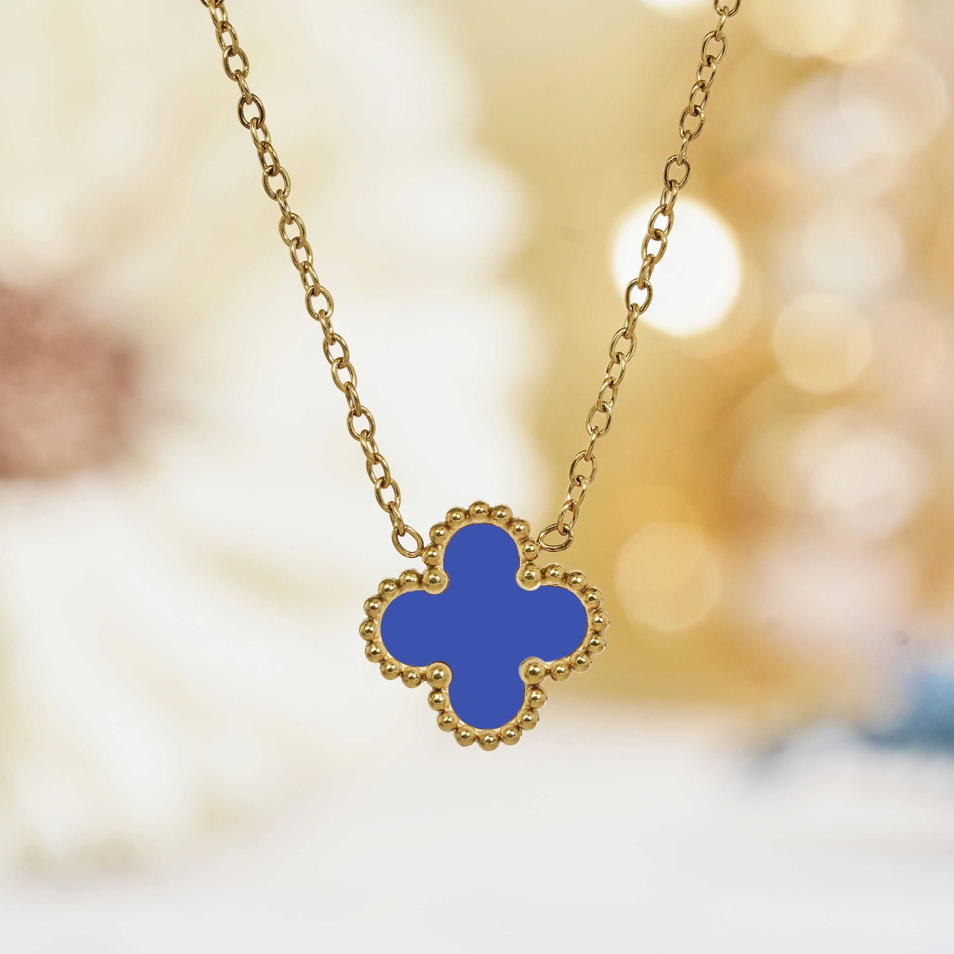 JeenMata Blue Flower Pendant Necklace in Yellow Gold Plated