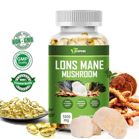 ZHPHK 1000Mg Organic Lions Mane Mushroom Nootropic Brain Memory Focus Immune Support 120 Capsules