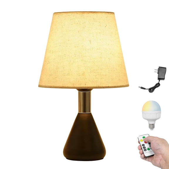Kiven Cordless Table Lamp, Dimmable Desk Lamp with φ6.3 Flaxen Lampshade, Farmhouse Rechargeable Nightstand Lamp with Black Base for Reading Home Decor Office Bedside, 1-Light