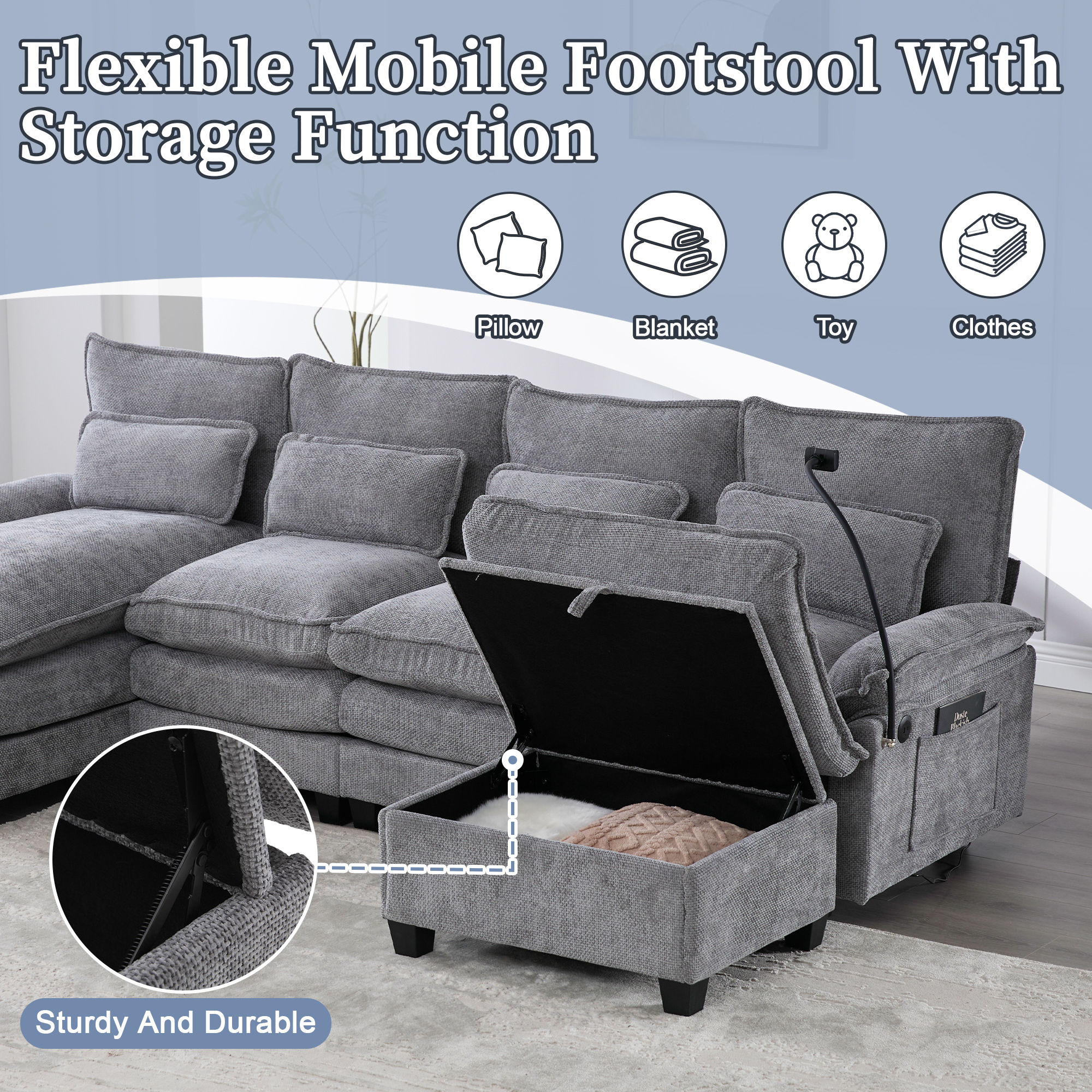 MOONMISS Chenille Upholstered Oversized U-shaped Comfy Modular Sectional Sofa with Storage Ottoman-Light Gray