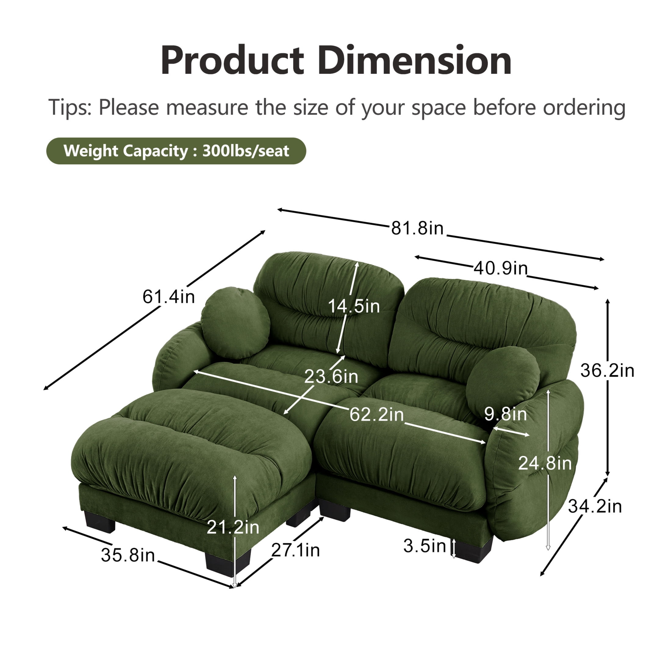 Noble House Corlan Pleated Chenille 2-Seater Sectional Sofa, Modular Deep Seat Couch with Ottoman and Throw Pillows, Green