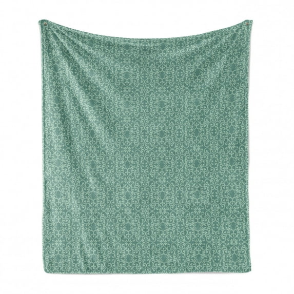 Green Soft Flannel Fleece Throw Blanket, Vintage Style Victorian Garden Pattern Antique Design Old Fashion Ornaments, Cozy Plush for Indoor and Outdoor Use, 50" x 70", Turquoise Seafoam, by Ambesonne