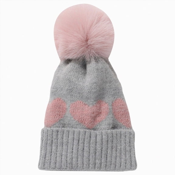 Hessimy Kids Heart Pattern Knit Pom Pom Beanie,Cute Winter Warm Folded Cuffed Hat for Girls