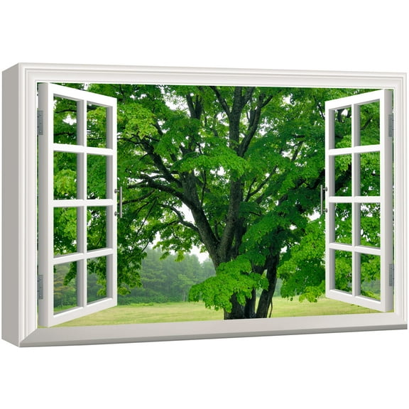 wall26 Canvas Print Wall Art Window View of Serene Green Tree Field Nature Wilderness Photography Realism Rustic Scenic Colorful Relax/Calm Ultra for Living Room, Bedroom, Office - 16"x24"