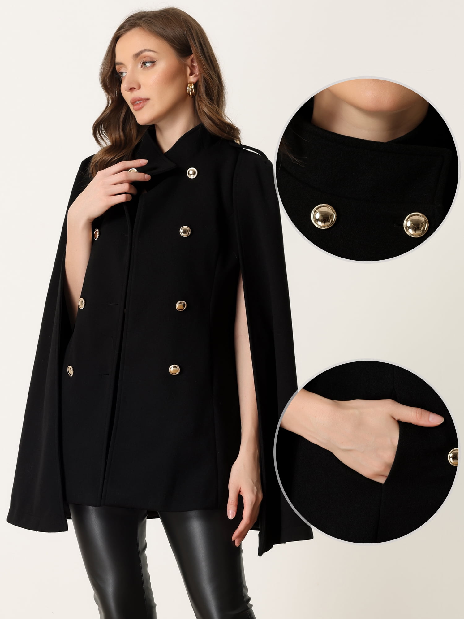 DARING DIVA Women's Winter Slit Sleeve Double Breasted Cloak Coat Black S