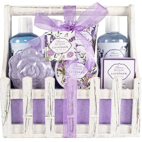 Set de regalo de cesta de spa para baño con aroma a lavanda y jazmín, kits de cesta de regalo para spa en casa para mujeres, incluye loción corporal, gel de ducha, sales de baño, baño de burbujas, nie