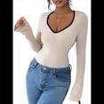 thumbnail image 2 of Camisetas Ajustadas con Cuello en Forma de Corazón para Mujer, Tops de Punto Acanalado con Mangas Largas Acampanadas Albaricoque XL, 2 of 7