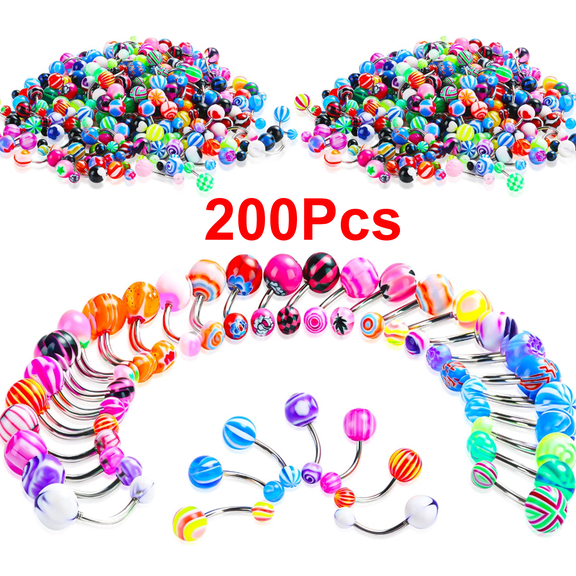 200 Pieces Belly Button Rings Bulk Colorful Body Piercing Jewelry Navel Barbell Body Stainless Steel Belly Rings Piercing Jewelry for Women Girls
