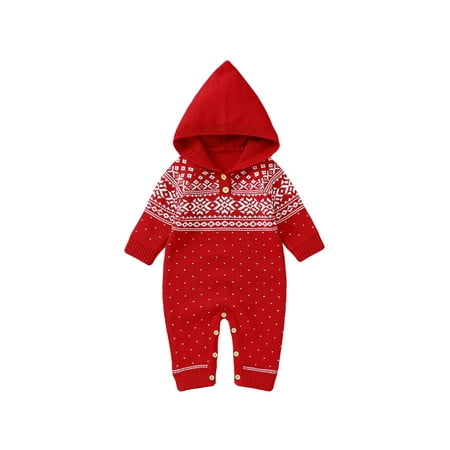 

Canrulo Christmas Newborn Baby Boy Girl Knitted Romper Snowflake Long Sleeve Hooded Buttons Long Jumpsuit Clothes Red 18-24 Months