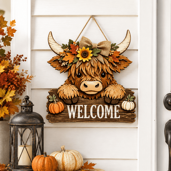 Highland Cow Wall Decor Wooden Hanging Sign With Welcome Design Rustic Farmhouse Wall Decoration For Entryway Porch Living Room Seasonal Home Accent colorful