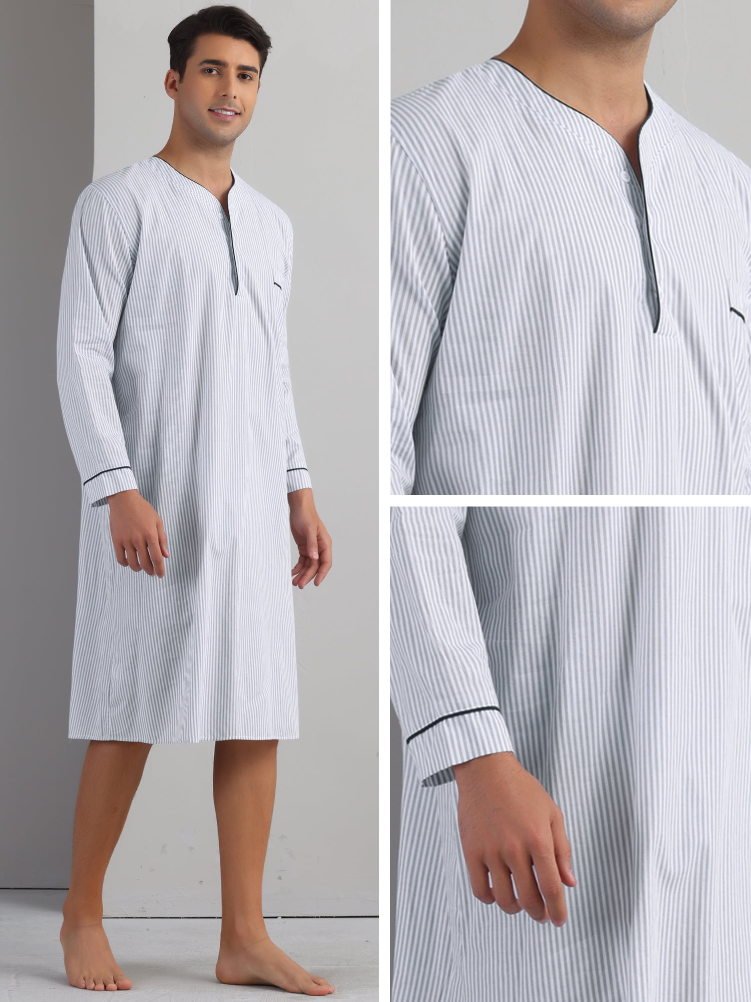 DARING DIVA Men's Striped V-Neck Button Front Long Sleeve Comfortable Nightshirt M Light Gray