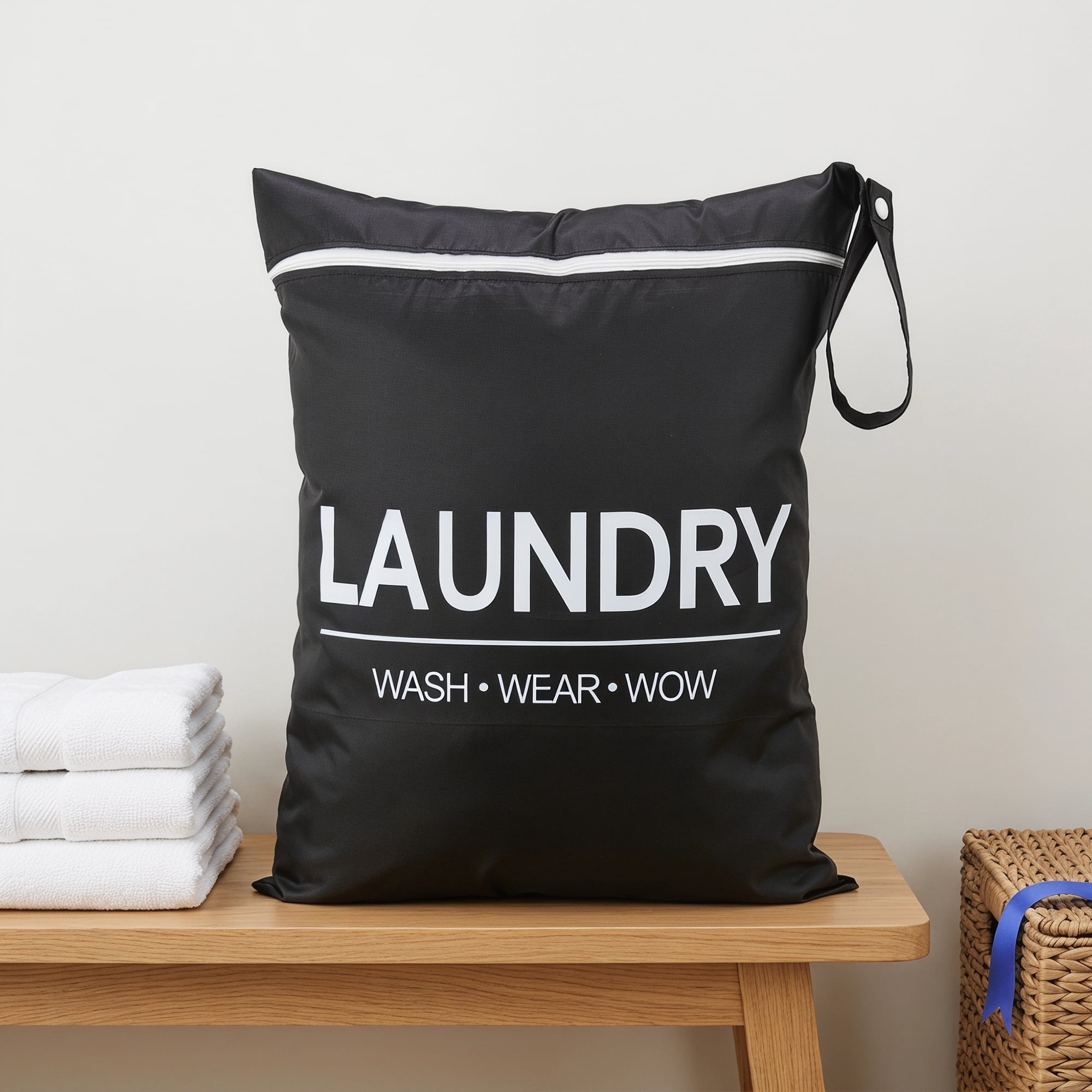Unique Bargains 2Pcs Oxford Cloth Zipper Mesh Clothes Laundry Bag Black-White 15"x18.9"