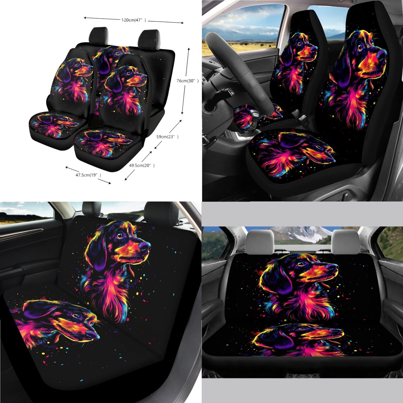 Jeiento Dachshund 14 PCS Car Seat Covers Set for Women Men with Steering Wheel Cover Seat Belt Covers Trash Bin Rear View Mirror Cover Car Armrest Cover Cushion Coasters Gear Shift Knob Cover