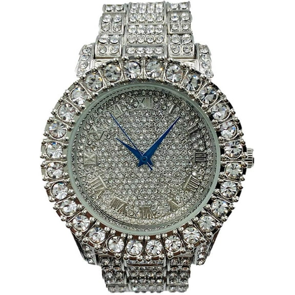 Charles Raymond Mens Silver Big Rocks with Roman Numerals Fully Iced Out Hip Hop Wristwatch - ST10327 RN