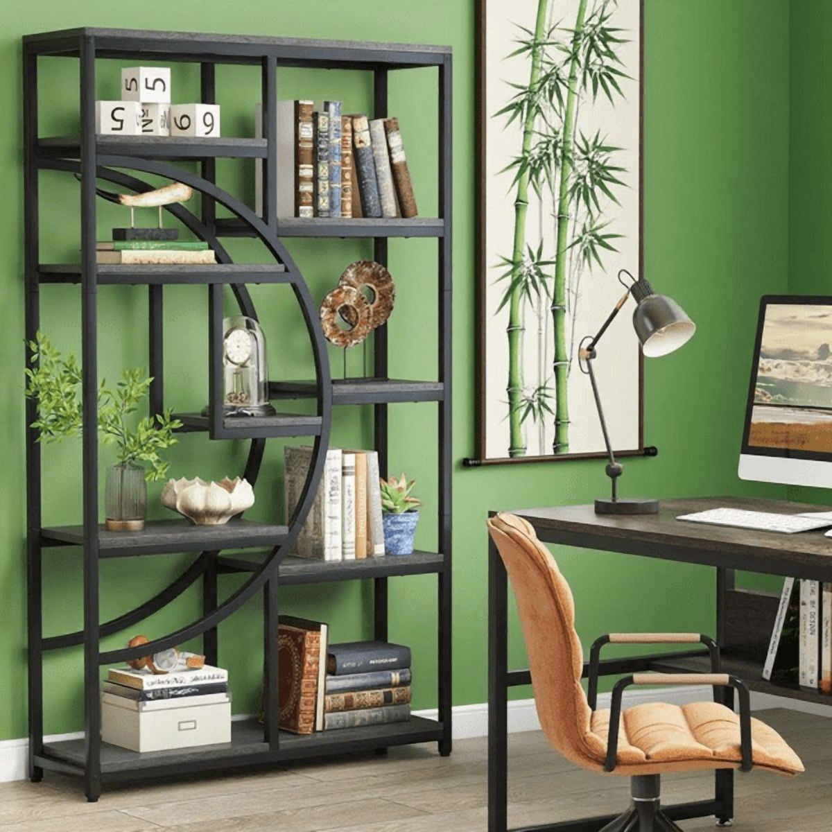 9-Tier Etagere Bookcase, Black Metal Frame with Rustic Gray Boards, Half-Moon Silhouette, Industrial Style for Living Room/Home Office