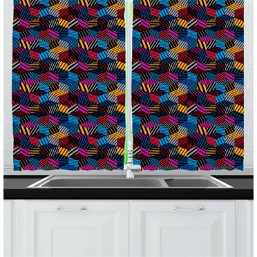 Ambesonne Geometric Kitchen Curtains, 3D Cube Stripes Style, 55"x39", Multicolor