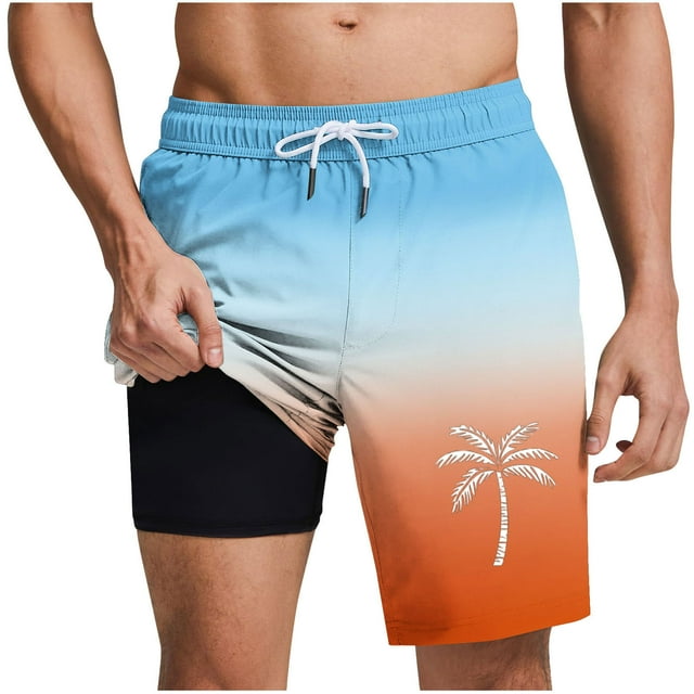hoksml Mens Swim Trunks with Compression Liner 2 in 1 Quick Dry Swimming Shorts Swimwear Bathing Suits with Pockets Elastic Waist Drawstring Print Summer Beach Shorts 2025 Clearance