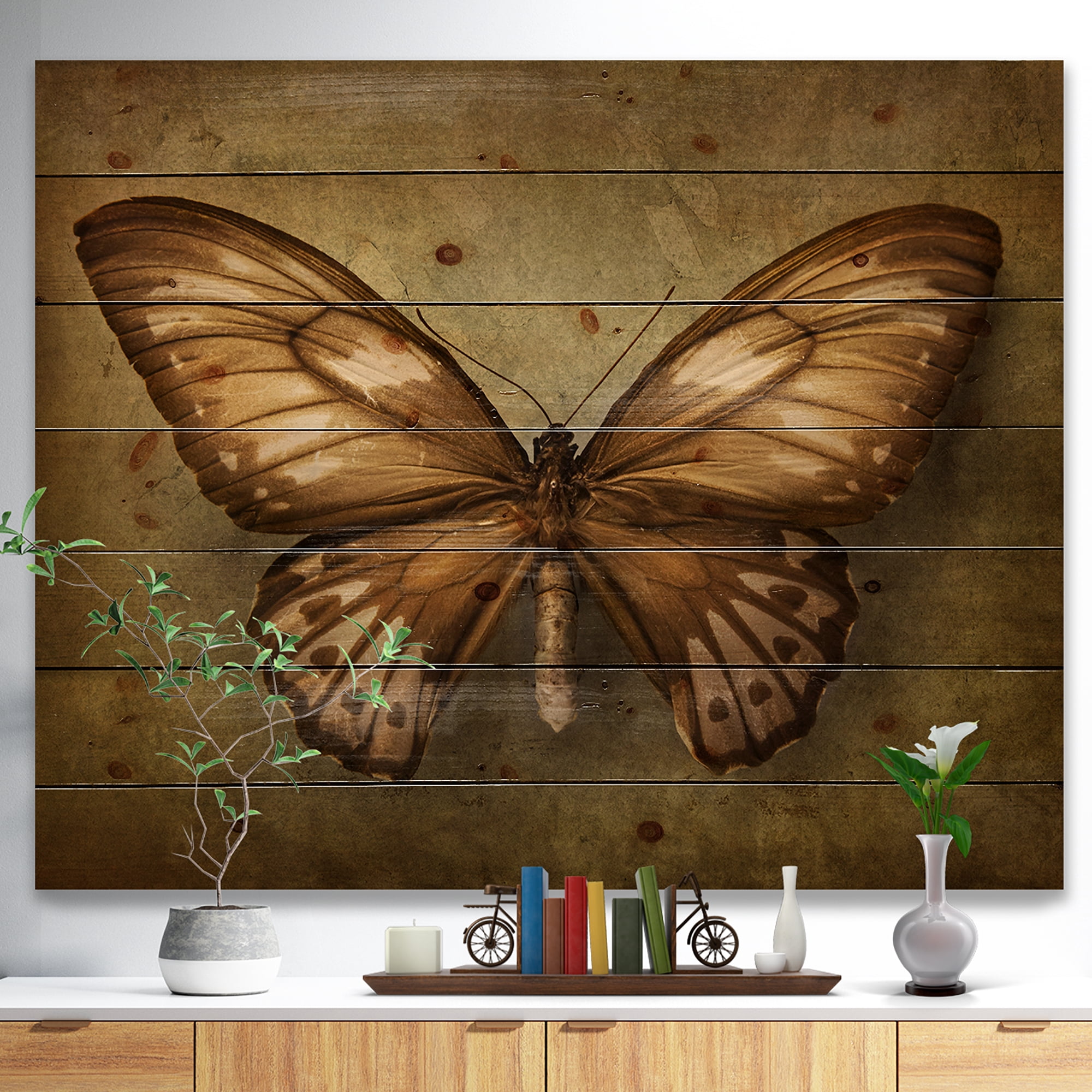 Designart 'Vintage Butterfly' Vintage Painting Print on Natural Pine Wood