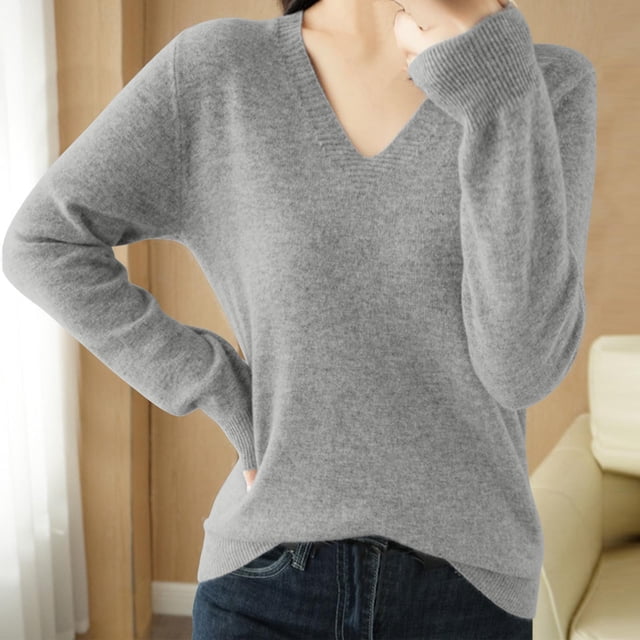 asjyhkr Tops For Women Long Sleeve Knit Cotton V Neck Sweater Pullover Basic T Shirts Solid Color