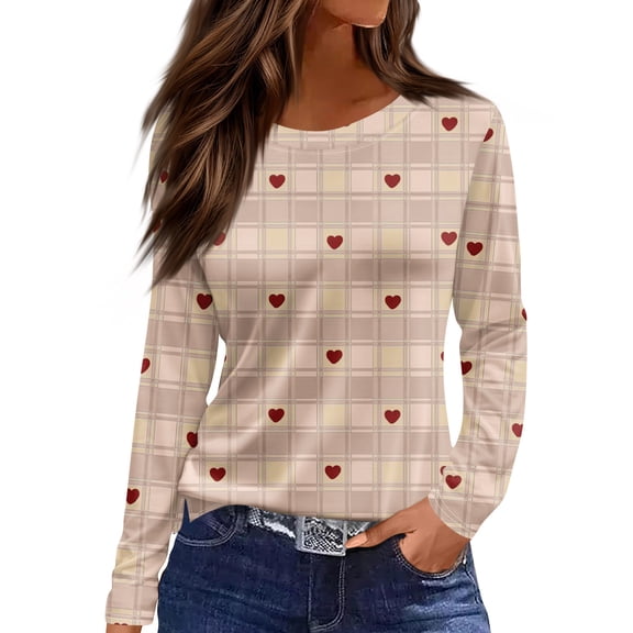 Garbnen Plaid Valentine Day Shirts for Women Love Heart Print Crew Neck Tops for Women Long Sleeve Spring T Shirts for Women Graphic