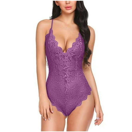 One Piece Lingerie for Women Deep V Teddy Sexy Lace Bodysuit Snap Crotch Babydoll Nightwear Nightgown