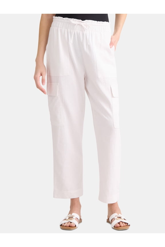 Womens and Womens Plus Linen Blend Cropped Cargo Pants, 27" Inseam, Sizes XS-3XL