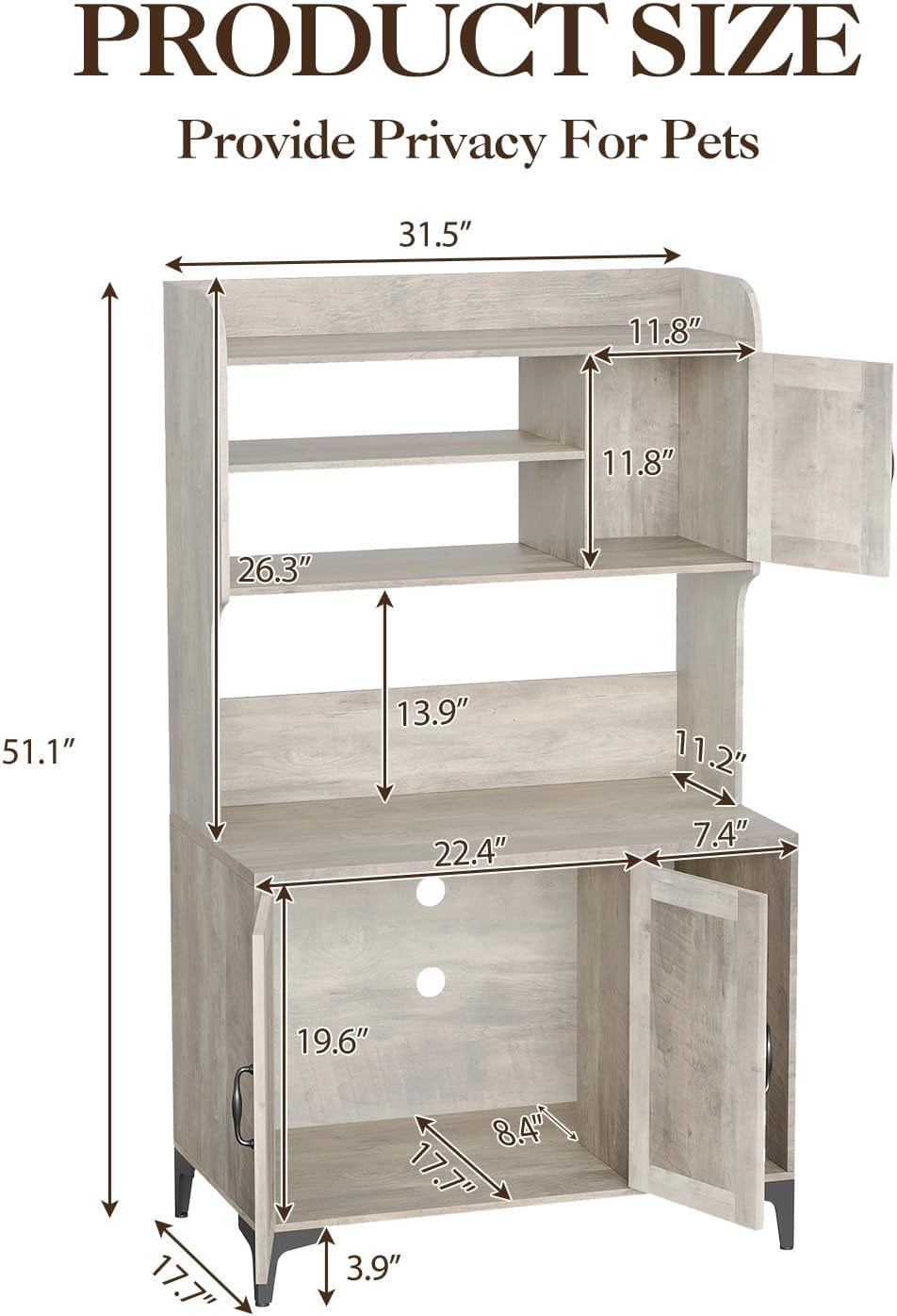 Large Hidden Litter Box Furniture with Shelves and Cabinet,Farmhouse Cat House Washroom with Scratch Pad,Wooden Enclosure for Self-Cleaning Litter Boxes