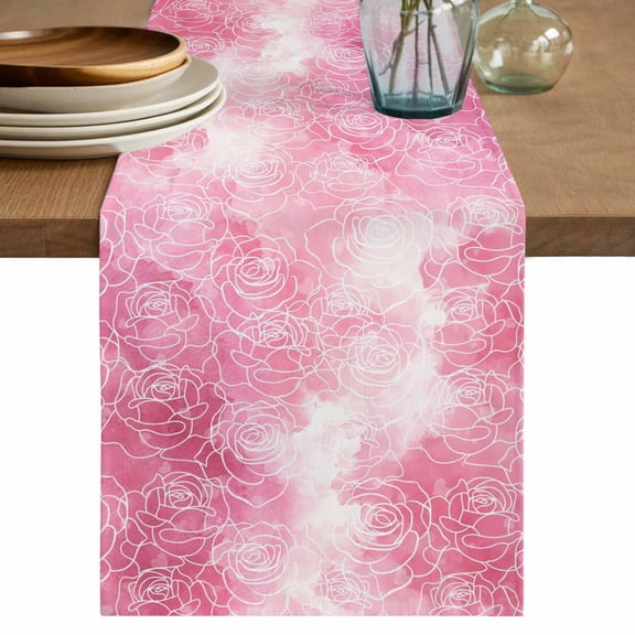 Valentine's Day Table Runner 120 Inches, Watercolor Roses Floral Ombre Romantic Bed Runner Dresser Scarves Tabletop for Indoor Outdoor Parties/Ceremony/Banquet, 13"x 120"
