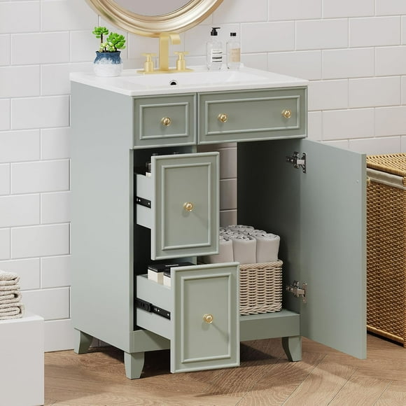 24" Bathroom Vanity with Sink, Free Standing Single Basin Vanity Set with Two Drawers and One Door, Modern Solid Wood Bathroom Cabinet with Ceramic Basin for Bathroom, Green