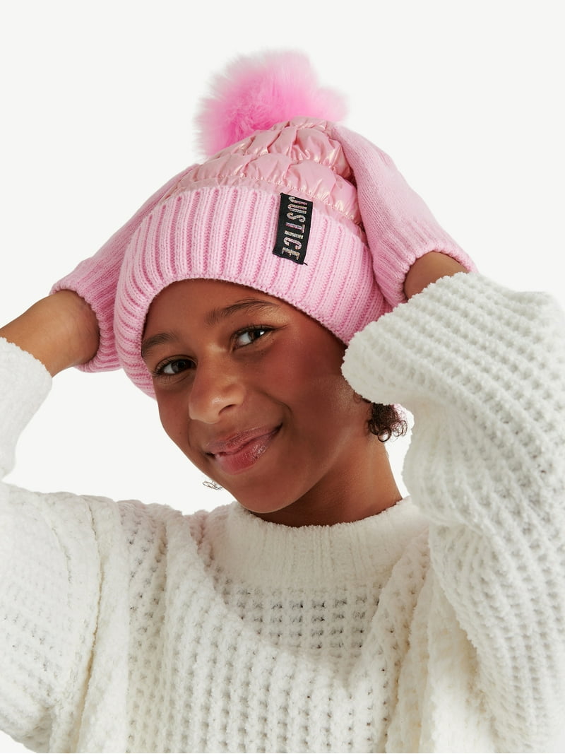 Justice Girls Puffer Hat and Winter Gloves 2-Piece Set, Pink  display picture 1