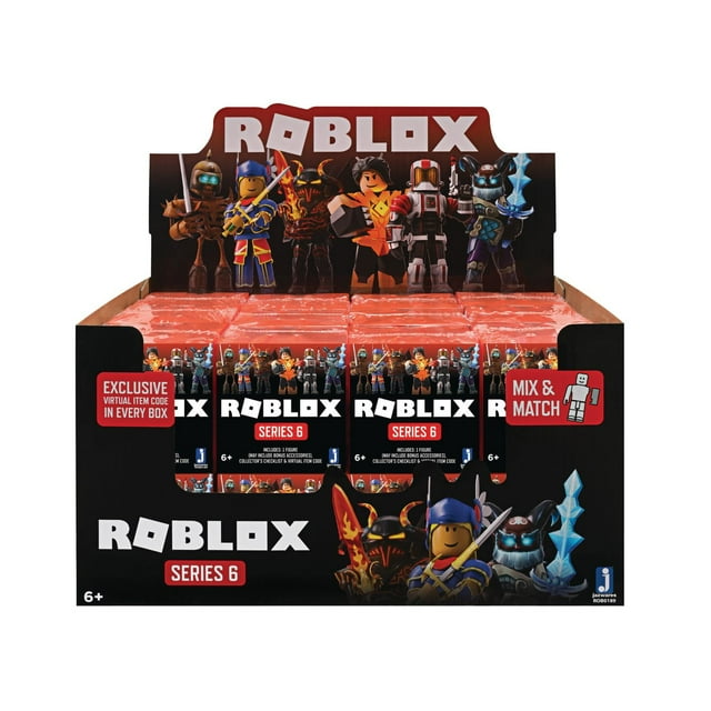 MYSTERY FIGURES SERIES 6 Roblox collectible blind box display featuring multiple sealed packs with fan-favorite action figures from the Roblox universe, including armored and fantasy characters, designed for ages 6 and up with exclusive virtual item codes inside each box.