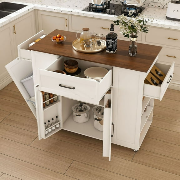 S-HOME Movable 46 Inch Kitchen Island on Wheels in White with Rustic Wood Top Adjustable Shelf & Drawer Storage Solution