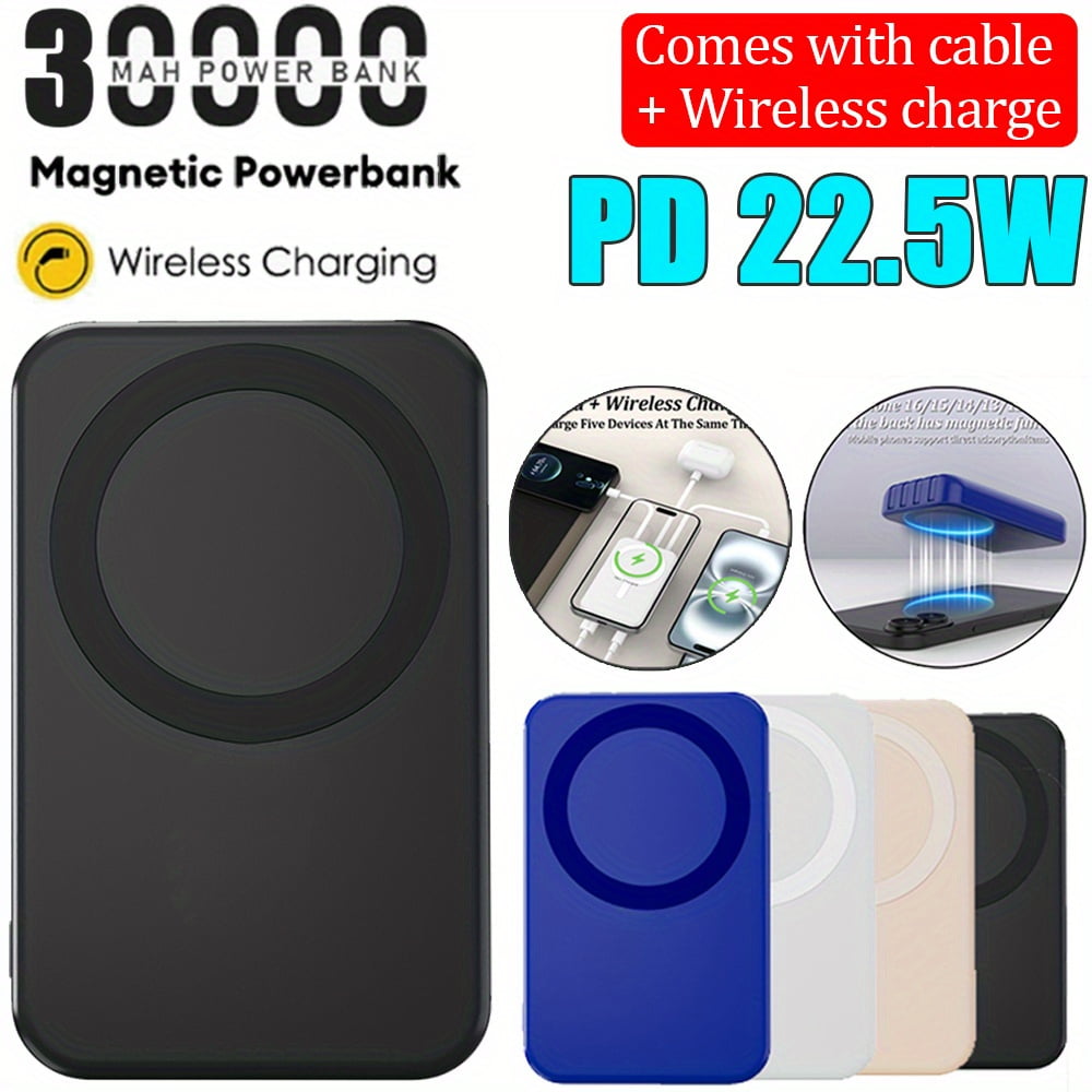 Magnetic Wireless Power Bank 30000mAh with LED Display, 22.5W Fast Charging, Built-in Cables for iPhone Samsung Android, Portable External Battery Pack