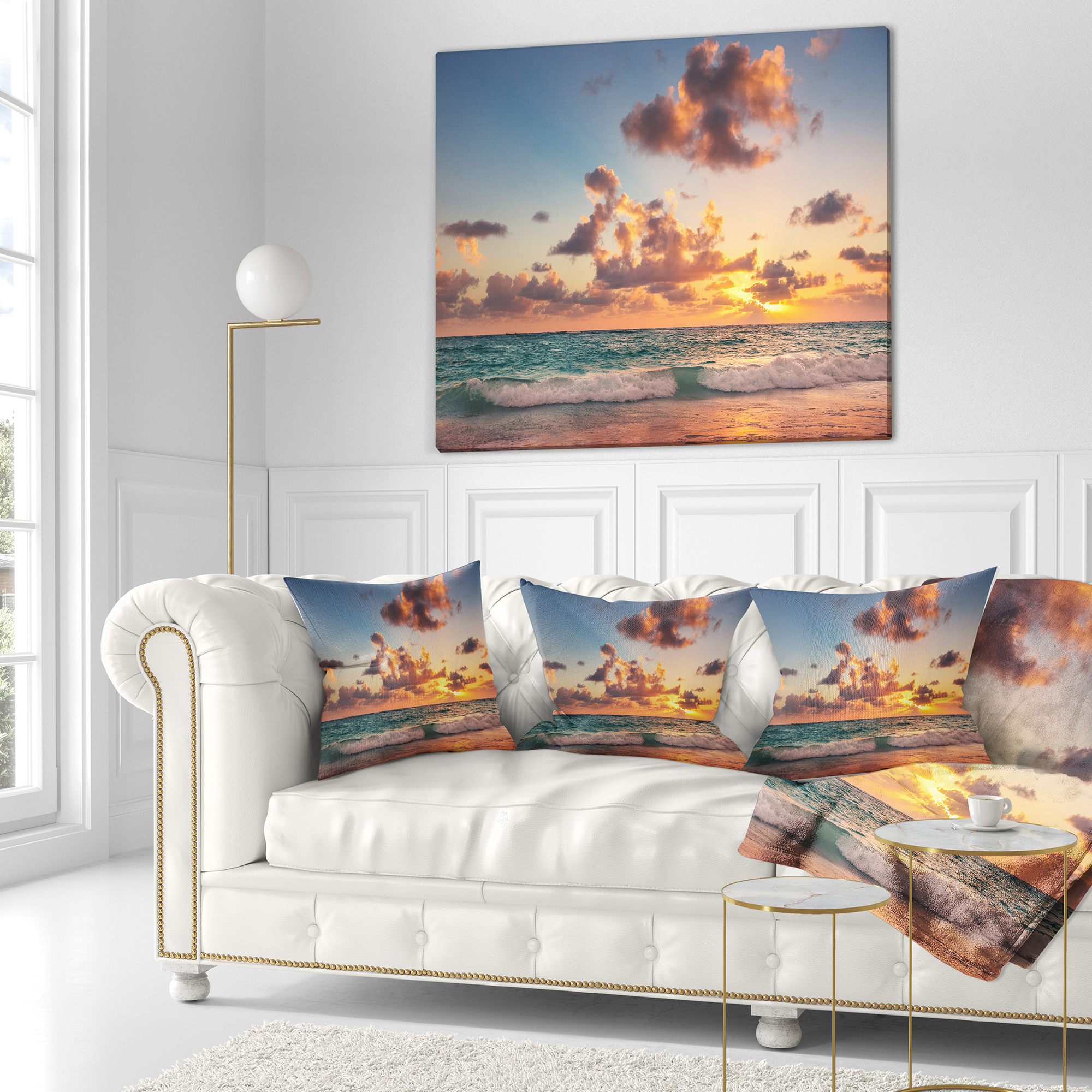 Designart Sunrise on Beach of Caribbean Sea - Beach Throw Pillow - 18x18