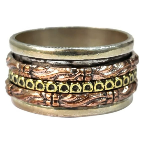 NEW Spinner Band, Bohemian Ring, 925 Sterling Silver Ring, Spinning Thumb Ring, Three Tone Ring, Fidget Ring, Handmade Jewelry, Christmas Oxidized, Brass Copper Band, Anxiety Ring, Mans Band Gifts