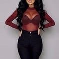 thumbnail image 3 of Women'S Ultra-Thin Mesh Elastic Tight Long Sleeve Half- Bottoming Shirt Sheer Tops Wine Red S, 3 of 6